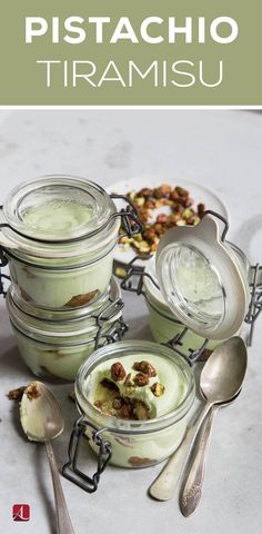 pistaachio tiramsu recipe in glass jars with spoons