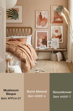 Boho Bedroom Color Palette Inspo Earthy Colours Bedroom, Boho Bedroom Palette, Simplistic Boho Bedroom, Boho Room Theme, Boho Room Wall Color, Neutral Color Room Bedrooms, Boho Bedroom Colour Palette, Boho Bedroom With Color, Cute Bedroom Color Schemes