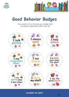 the back cover of a children's book, good behavior badges