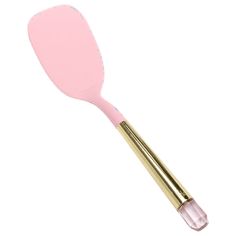 a pink spatula with two gold handles on a white background for use in makeup