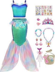 Mermaid Dress Up Set with Outfit and Accessories. Halter top and tail bottom, purse, and jewelry. Child size 4-5 years. Kids Dress Up Costumes, Girls Mermaid Costume, Mermaid Costumes, Mermaid Tails For Kids, Little Mermaid Dresses, Rapunzel Costume, Mermaid Theme Birthday Party, Onesie Costumes, Wonder Woman Costume