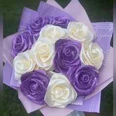 I Am Starting A Small Business And Would Like To Sell My Bouquets. This Is A 12 Count Glitter Bouquet. If You Would Like To Make A Custom Order, Message Me On Instagram, Facebook Or Tiktok @Destinys_.Creations Rosary Bouquet, Purple Ribbon Bouquet, Ribbon Roses Bouquet, Glitter Bouquet, Fabric Roses Diy, Quince Bouquet, Ramo Bouquet, Forever Bouquet, Satin Bouquet