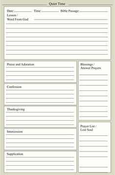 a printable prayer form with the words quiet time and other things to do on it