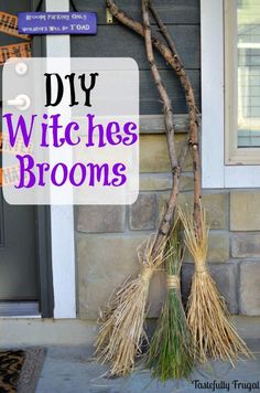 two brooms that are sitting on the ground next to a building with text overlay saying diy witch he brooms