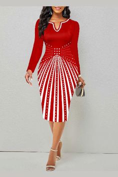 ROTITA Split Geometric Print Red Long Sleeve Bodycon Dress Red Long Sleeve Bodycon Dress, Fitted Bodycon Dress, Latest Dress For Women, Midi Skirt Pattern, Basic Skirt, Red Bodycon Dress, Wrap Around Skirt, Knit Midi Skirt, Sleeve Bodycon Dress