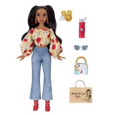 a doll with sunglasses and purse next to it's contents on a white background