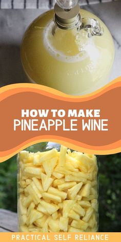 a jar filled with pineapple wine sitting on top of a wooden table