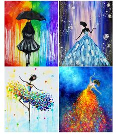 four different paintings with one woman holding an umbrella and the other is wearing a dress