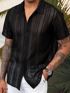 Men's Jacquard Mesh Half Transparent Short Sleeve Shirt , Casual Summer Hawaiian Baggy Button Up Lace See Through Plain Black Vacation Beach Black   Short Sleeve Fabric   Non-Stretch  Men Clothing, size features are:Bust: ,Length: ,Sleeve Length: Men’s Sheer Shirt, Men’s Rave Fits Summer, Mens Mesh Shirt Outfit, Hot Mens Fashion, Men Button Up, Beach Club Outfit Men, Hawaii Outfits Men, Patterned Shirt Men, Lace Shirt Men