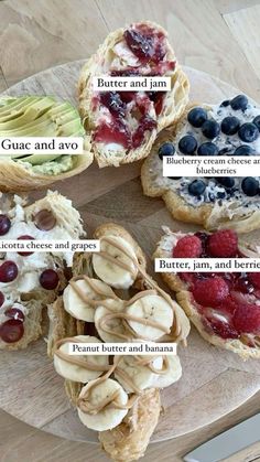 four different types of pastries on a wooden platter with words describing each one