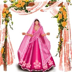 a woman in a pink sari standing under a floral arch