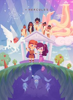 an illustration of people standing in front of a gazebo with angels and unicorns