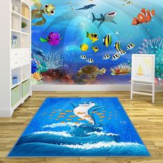 an underwater scene with fish and sharks on the ocean wall mural in a child's room