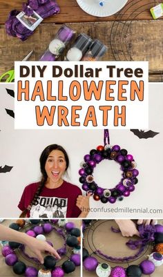 diy dollar tree halloween wreath with purple and black balls