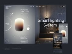 the smart lighting system is displayed in three different screens, including one with an app on it