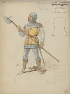 Costume design (1895), by Charles Bianchini (1860-1905), for “La Jacquerie” (1895), by Édouard Lalo (1823-1892) and Arthur Coquard (1846-1910). Wallachian Knight, Fantasy Dress Design, Chivalry Medieval Warfare, Battle Of Poitiers 1356, Medieval Horse Armor, Lithuanian Medieval Soldier, Century Armor, Medieval Ages, Arm Armor