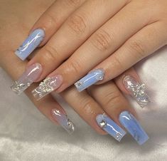 Blue Nail Sets, Blue Acrylic Nails Ideas, Baby Blue Acrylic Nails, Quince Nails, Basic Nail, Blue And Silver Nails, Art 101, Baby Blue Nails, Blue Acrylic Nails