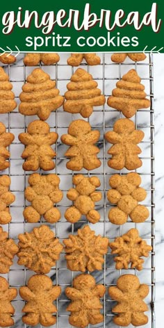 gingerbread spritz cookies on a cooling rack with the words gingerbread spritz cookies above them