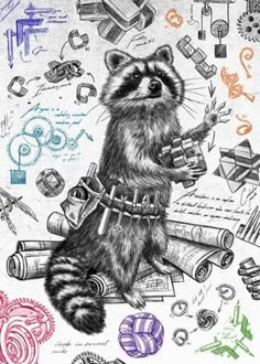 a drawing of a raccoon with lots of things around it