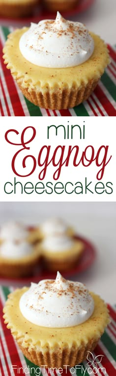 mini eggnog cheesecakes on a red and green striped tablecloth with text overlay