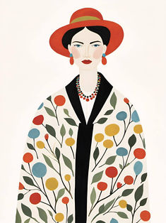 a woman in a red hat and coat with leaves on the front, standing next to a tree