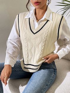 Women's Casual Daily-Wear Simple Knit Sweater Vest Apricot    Fabric   Slight Stretch  Women Clothing, size features are:Bust: ,Length: ,Sleeve Length: Knit Vest Outfit, Sweater Vest Outfit, Chaleco Casual, Cable Knit Vest, Looks Pinterest, Business Casual Outfits For Women, Sweater Vest Women, Vest Outfits, Mode Inspo