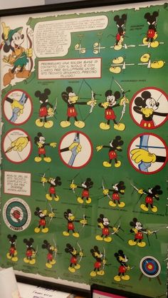 an old mickey mouse poster is hanging on the wall in front of some other items