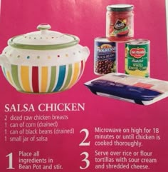 an advertisement for salsa chicken with instructions on how to cook it and what to use it