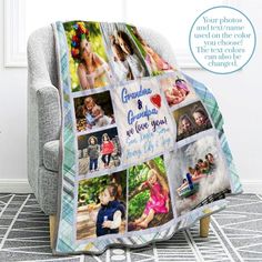 a blanket that has photos on it