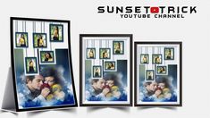 two frames with pictures hanging on them and the words sunset torch above them are photos of people