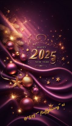 a purple and gold new year card with christmas balls, stars and swirls on it