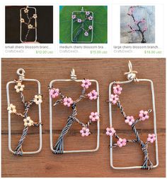 four different pictures of flowers and branches in metal frames on a wooden table with text overlay