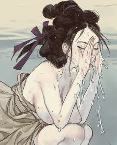 a drawing of a woman sitting in the water with her hands to her face, covering her mouth