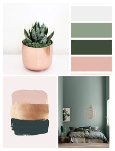 the color scheme is green, pink and gold with some plants in pots on top