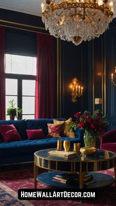 a living room filled with furniture and a chandelier