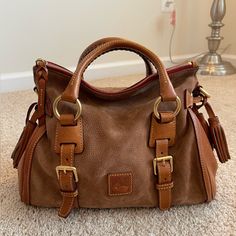 Rare Dooney & Bourke Suede And Florentine Leather In The Color Natural. Beautiful Classic Dooney. Comes With Strap And Original Dust Bag. 13”L X 5.75”W X 8”H Dooney And Bourke, Dooney & Bourke Bags, Dooney & Bourke, Dooney Bourke, Satchel, Dust Bag, Bag Lady, Leather, Women Shopping