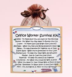 an office worker survival kit hanging on a pink wall with the words,'office worker survival kit '