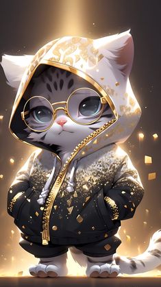 a cat wearing glasses and a hoodie with gold confetti around its neck