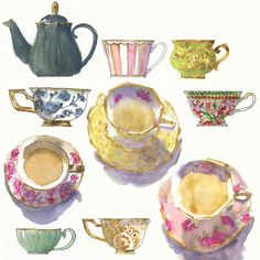 a painting of tea cups and saucers