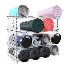 a rack with several different types of speakers on it