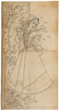 an old drawing of a woman with flowers in her hair