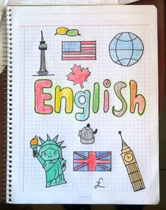 a notebook with the word english written in it and pictures of different countries around the world