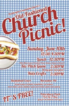 an old fashioned church picnic poster with hotdogs and ketchup on it