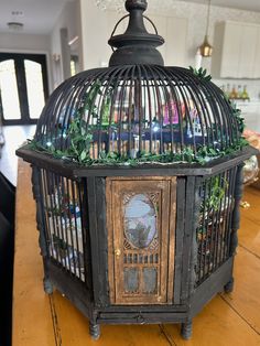 a birdcage with plants growing out of it's sides on a wooden table