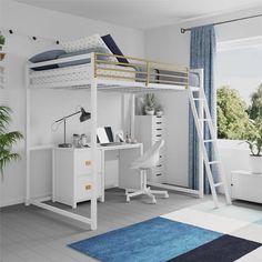 a white loft bed with desk and chair in a room next to a large window