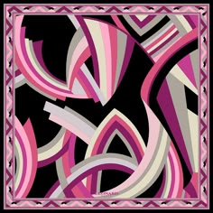 an abstract painting with pink and grey lines on black background, framed in white wood frame