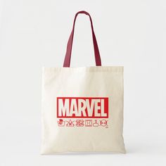 a tote bag with the words'marvel'printed in red and white on it