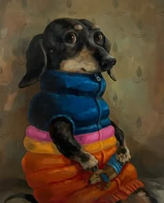 a painting of a dog wearing an orange and blue jacket