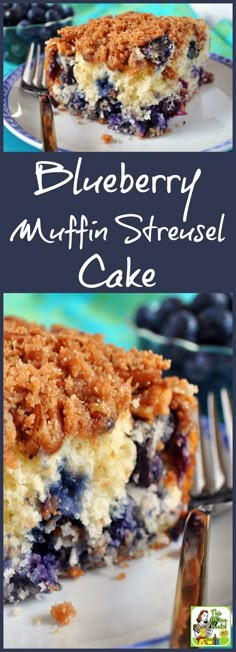 blueberry muffin cheesecake with crumbs on top and the words, blueberry muffin streusel cake above it