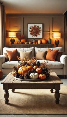 a living room filled with furniture and lots of pumpkins on top of a coffee table